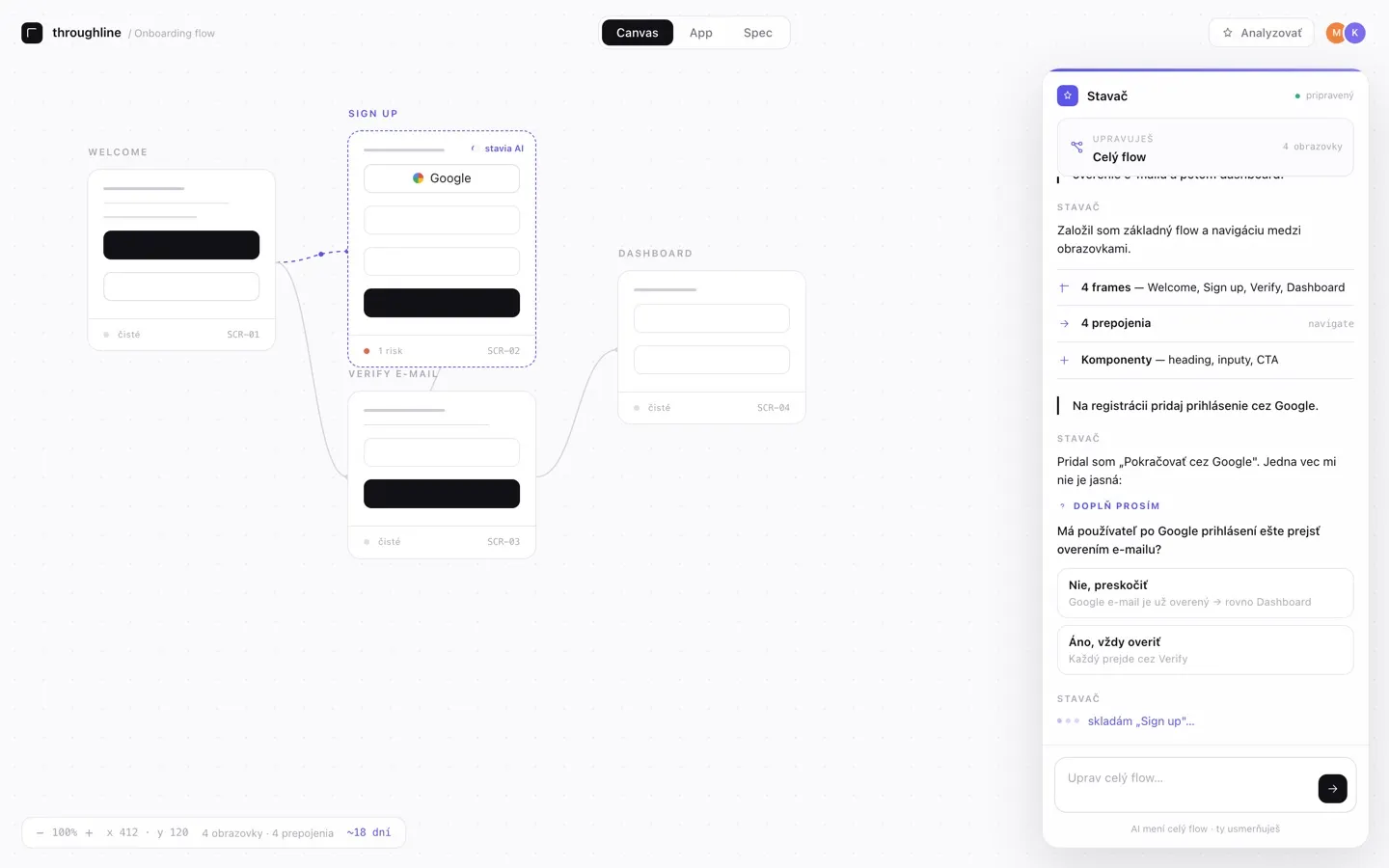 The assistant building a screen on the canvas and asking a question instead of guessing